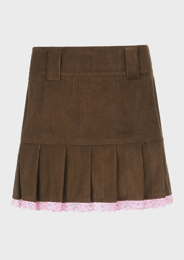 Lace Stitching Corduroy Pleated Skirt