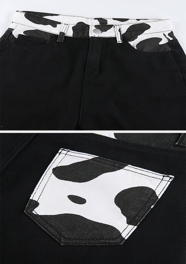 Cow Print Contrast Patchwork Jeans