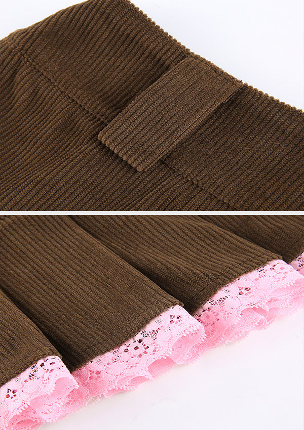 Lace Stitching Corduroy Pleated Skirt