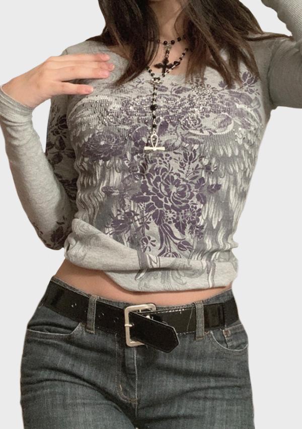 Feather Wings Flower Print Long-sleeved T-shirt