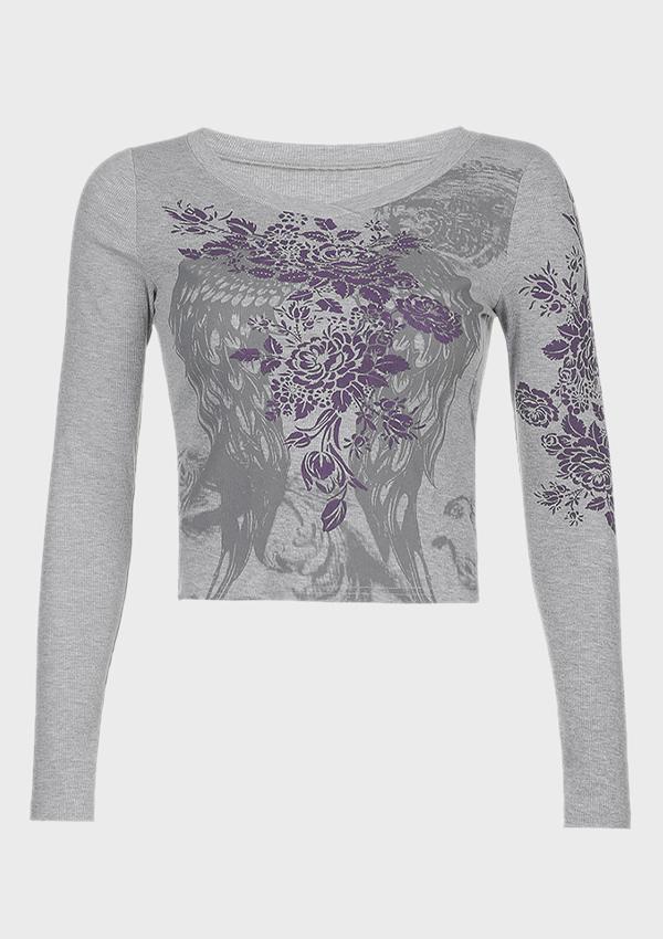 Feather Wings Flower Print Long-sleeved T-shirt