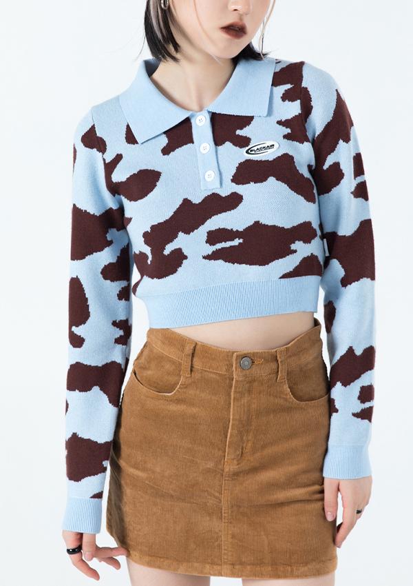 Cow Pattern Lapel Short Knitted Sweater