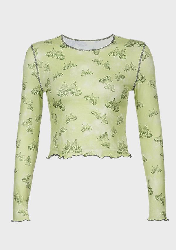 Contrasting Lace Butterfly Round Neck Long Sleeve T-shirt