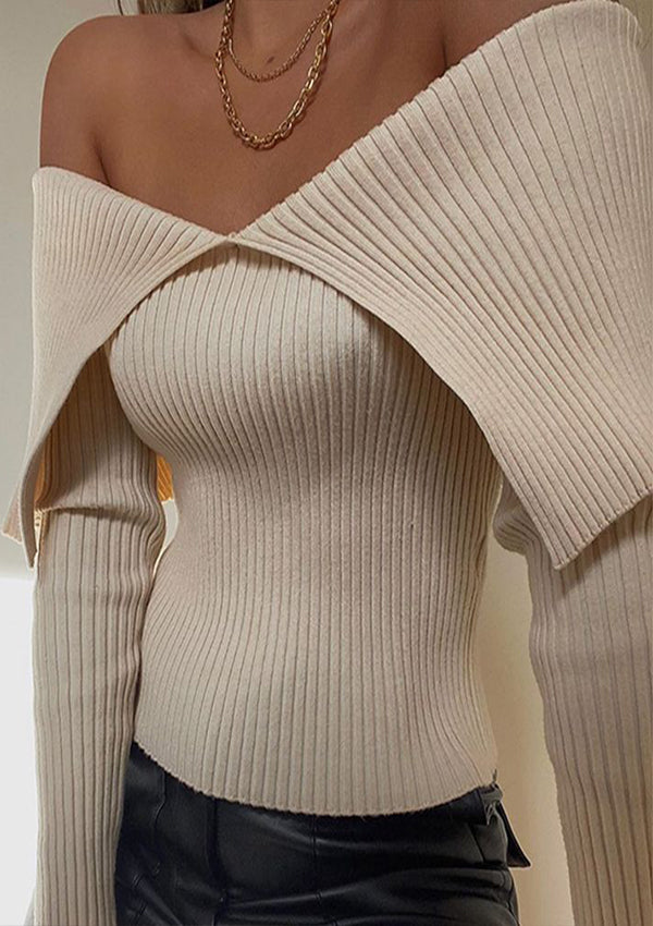 Exposed Shoulders Fitted Knitted Sweater