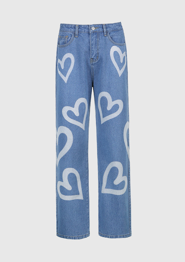 Heart Pattern High Waist Boyfriend Jeans